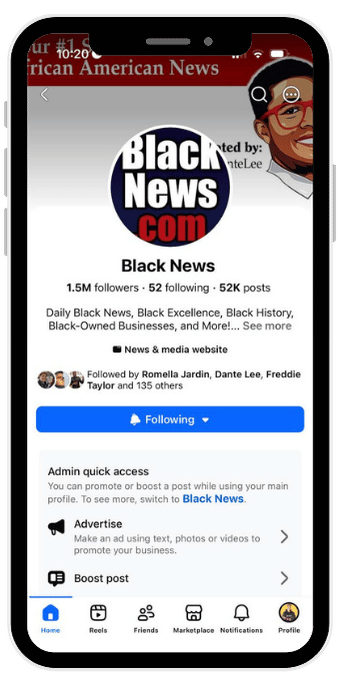 Black News Facebook page: 1.5M followers, 52K posts