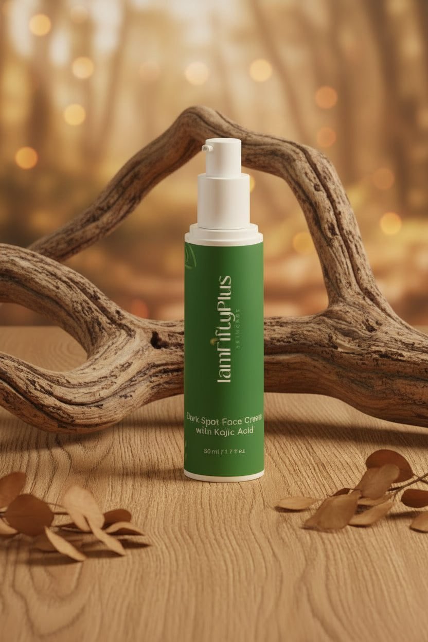 An IamFiftyPlus skincare bottle styled on driftwood